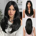 Peluca sintética larga negra a capas con flequillo de cortina para mujer elegante - Largo Ondulado (lc2068-8) / 24 pulgadas 230g / Negro Puro