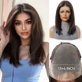 Detailed view of high quality 13x6 HD lace front wig in dark brown long straight style - 16" / 13x6 Lace Front / Black Brown