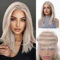 Detailed view of 13x6 HD lace front wig with long straight blonde synthetic hair. - 13x6 Lace Front / Light Gray