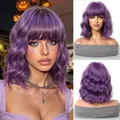 Detailed multiple views of a purple wavy bob wig with bangs for Halloween cosplay costume - Magic Purple (LC1163-4)
