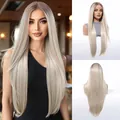 Vues détaillées d'une longue perruque blonde platine lisse avec racines foncées - Femme à la mode