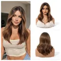 Close-up detail view of fashionable ombre brown wavy wig featuring trendy curtain bangs - Honey Gold Brown - 1291-1