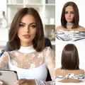 Natural brown 13x6 lace front synthetic wig, straight shoulder-length bob hair style - 13x6 Lace Front / Brown