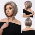 Short ash blonde bob lace front wig displayed in detailed front side and back views - 13x6 Lace Front / Silver Gray