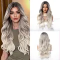 Macro view and full length of long wavy ombre blonde lace front wig with middle part - Ombre Grey White (FTL6002-1)
