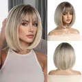 Detailed showcase of ombré blonde short straight bob wig with bangs on model and mannequin - Short Straight Bob (LC8330-1)
