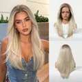 Comprehensive detail view of 13x6 lace front synthetic wig with layered ombre blonde hair - 22 inch / Gradient Gold