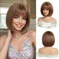 Detail view of brown bob wig with bangs on model and mannequin stand - Short Straight Bob (SWLC8342-1BR10)