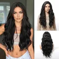 Detailed view of long black wavy wig with natural front lace design. - Black (FTL077-19)