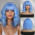 Short wavy light blue bob wig with bangs for women cosplay and Halloween costume - Sky Blue