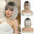 Fashionable platinum ash blonde short straight bob wig with natural bangs and dark roots - Short Straight Bob (SWLC8341-1BL12)