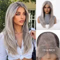 Close-up of 13x6 inch lace front and silver grey ombre synthetic layered long wig - Gray
