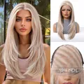 Detailed view of the 13x6 lace front wig cap construction and layered blonde hair - 22 inch / Ombre Gold