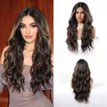 Detailed front and back views of a long wavy lace front brown wig with light blonde highlights - Highlighted Brown (MTL001-1)