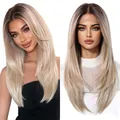 Lange gestufte aschblonde Ombre-Spitzenperücke für Damen mit natürlichem Scheitel - Gradient Gold