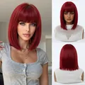 Vibrant red bob wig with neat bangs shown in multi-angle front and back detail views. - Short Straight Bob (SWLC1305-3RB12)