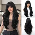 Premium long black wavy synthetic wig with stylish bangs for women, natural looking hair - 24 inch / Black 1245-3