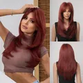 Long reddish-brown layered wig with bangs shown from multiple angles and back view. - Deep Reddish Brown (lc259-18)