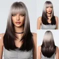 Detailed macro views of long ombre wig with straight bangs in silver and dark brown tones - Silver Gray to Dark Brown Ombre (lc3032-3)