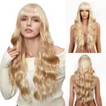Lange blonde golvende pruik met luchtpony en pluizige textuur voor look - Licht Goud (lc8239-8)