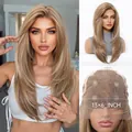 Detailed presentation of a 13x6 HD lace front wig featuring long layered blonde hair - Light Brown Gold