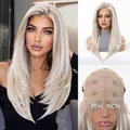 Detail of 13x6 HD lace frontal construction on long platinum blonde straight wig - Ash Blonde Ombre
