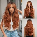 Long wavy orange brown synthetic wig with face-framing bangs for women. - Gradient Orange