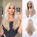 Detail view of 13x6 HD lace front blonde long straight wig with layered hairstyle - Linen Gold