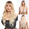 Lange golvende blond roze ombre pruik met pony voor een volumineuze stijlvolle look - Ombre Platina Blond (lc8239-2)