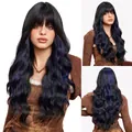 Lange golvende zwarte pruik met blauwe highlights en pony, synthetisch haarstuk. - Zwart Met Blauwe Highlights (lc8239-16)