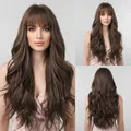 Professional multi-angle views of a long wavy brown synthetic wig with natural bangs - 26 Inches / Dark Brown (lc2088-2) 26inch