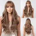 Detailed multi-angle views of a long wavy light brown synthetic wig with bangs - 26 Inches / Gold Brown (lc2088-3) 26inch