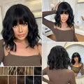 Elegant black wavy bob wig with bangs, water wave texture shoulder-length synthetic hair - 14" / Black (lc8087-2)