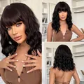 Black water wave bob wig with bangs, collarbone length natural wavy synthetic hair - 17" / Natural Black (lc8115-1)