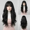 Premium long wavy dark brown synthetic wig with stylish bangs for natural look - 26 Inches / Black (lc2088-1) 26inch