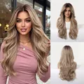 Collage showing front and back views of a long wavy ash blonde wig with bangs - 24 inch / Black Ombre Ash Blonde (lc2102-1)