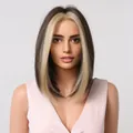 Kurze glatte Bob-Perücke in Dunkelbraun mit blonden Highlights vorne für einen modernen Look - Gefärbtes Braun (lc2004-1)