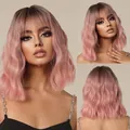 Stylish pink ombre wavy bob wig with bangs for women featuring natural water ripples - 14" / Ombre Pink (lc032)