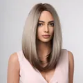 Hochwertige aschblonde Ombre-Bob-Perücke mit dunklem Ansatz, hitzebeständige Faser - Farbverlauf Grau-Weiß (lc2010-1)