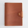 Professional vintage brown top-grain leather notebook with secure snap button closure - A5 / Tan (22.07-23.06)