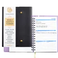 A5 18-month spiral planner with black PU leather cover and gold button closure - Black