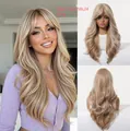Detailed views of a long wavy blonde wig with curtain bangs from multiple angles - 24 inch / Light gold