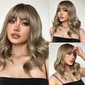Ash brown water wave bobo wig with bangs, clavicle length wavy synthetic hair for women - Light Brown (lc1006-1)