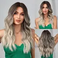 Detailed view of long wavy ombre grey synthetic wig with a natural-looking middle part - Middle Part Large Wavy Style (LC8066) / Black Grey Gradient