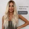 Macro view of long wavy blonde ombre synthetic wig showing natural middle parting - Middle Part Long Wavy (179-11) / Ombre Light Blonde (179-11)