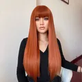 Vue détaillée professionnelle de la perruque synthétique lisse longue orange marron à frange - 26 Pouces (lc1064-1) / Orange