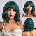 Perruque bob courte ondulée vert foncé avec frange, perruque en fibres synthétiques - Vert