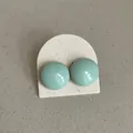 Detail of mint green enamel button earrings with a glossy finish on canvas board - Round Bean Style / Mint Green