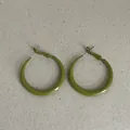 Detail view of olive green geometric hoop earrings with a smooth drip oil finish - C-Shaped Hoop Style / Olive Green