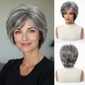 Detailed views of natural short grey synthetic wig for women, front and back look. - Silver White